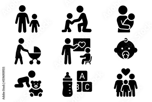 Family and childcare icon set: parenthood and education symbols in black silhouette design