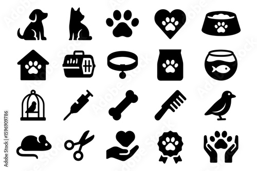Pet care icons set: silhouette collection of animal accessories and supplies