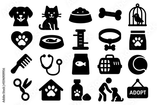 Silhouette pet care icons: cats dogs, toys, grooming, veterinary