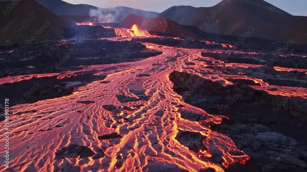 Molten lava flow over volcanic landscape