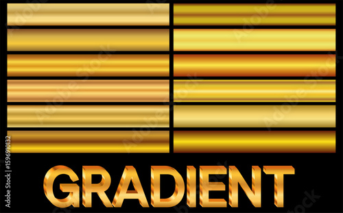 Gold metallic gradient template set on black gold gradient texture background.