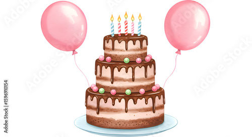 A threetiered birthday cake with balloons isolated on transparent background