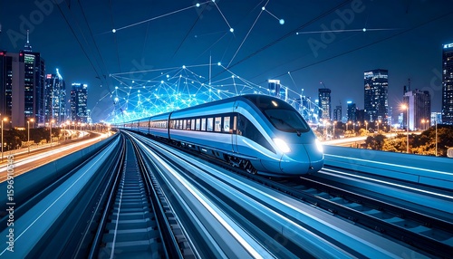 Futuristic high-speed train at night, connected by digital network, cityscape background
