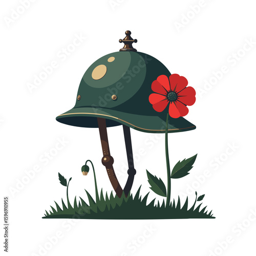 Military helmet with a red poppy and grass, symbolizing remembrance of fallen soldiers from World War I
