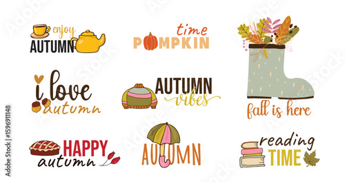 Collection of colored beautiful autumn stickers pack. Autumn hand drawn lettering vector set. Cozy design elements decorative bundle. All objects are separated. Hand drawn. Vector illustration.