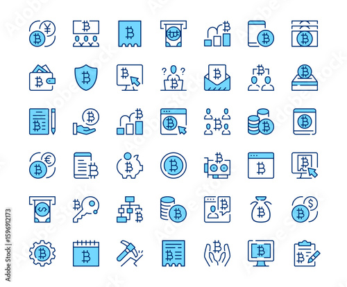 Bitcoin icons. Vector line icon set. Modern outline design. Blue concept