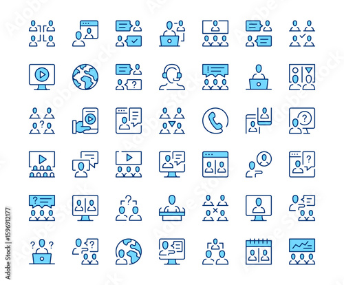 Online conference icons. Vector line icon set. Modern outline design. Blue concept