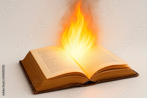 An open book with fire and flame on the pages.
