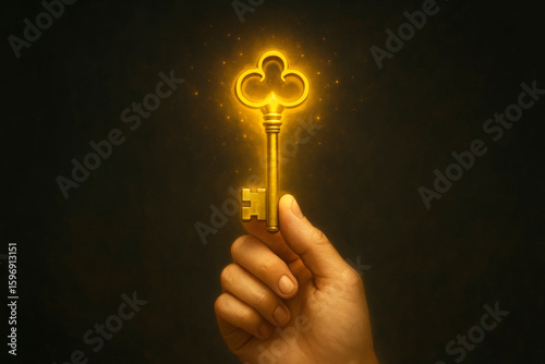 A hand holds a golden shining key on a dark background. Space for text.