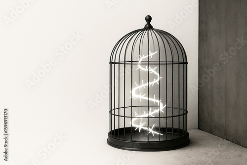 A cage with barbed wire of light inside, minimalism. Space for text.