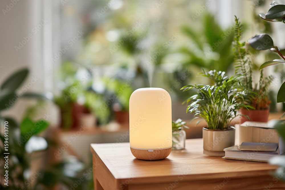 Fototapeta premium Cozy nook featuring an aromatherapy diffuser and lush greenery in a serene environment