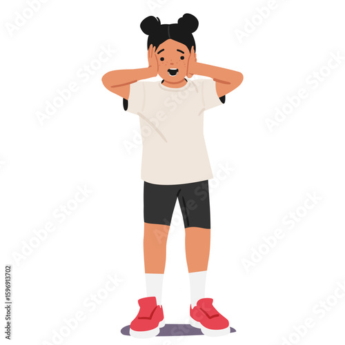 Funny girl child cartoon character grimacing covering ears loudly screaming isolated on white