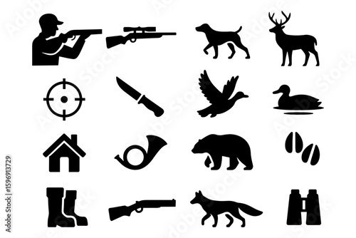 Silhouette icons of hunting elements including animals and equipment