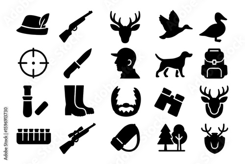 Silhouette icons of hunting tools and wildlife with nature elements