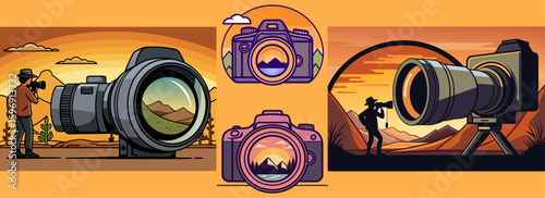 Modern Photographer Illustration Set with Professional Camera, Lenses, Landscape Shooting Scene, Sunset, Digital Photo Equipment for Visual Media Use