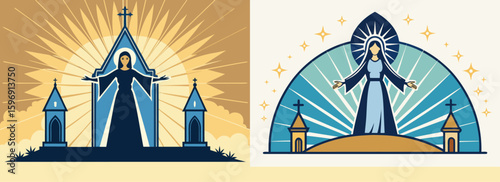Virgin Mary Icon Illustration with Sunrays, Churches, and Star Decorations, Modern Flat Religious Art for Catholic, Spiritual, and Christian Themes
