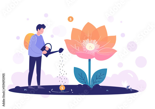 Businessman watering money plant with dollar coin flower growing on soil investment profit growth concept vector illustration in flat minimalist style