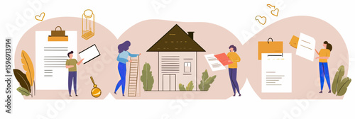 Flat minimalist vector illustration of diverse people reviewing documents, measuring house, and preparing contract for property purchase and mortgage approval process