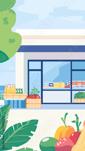 Front view of small grocery store with fresh produce and packaged goods displayed in window in suburban neighborhood vector illustration flat minimalist style