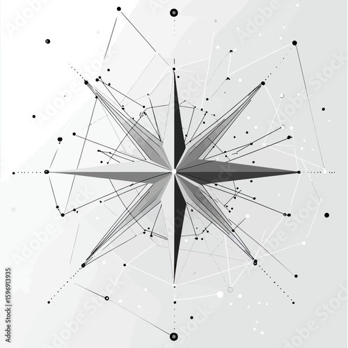 Abstract grey compass rose with geometric polygonal network of connecting lines and dots on light background vector illustration