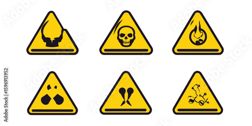 Yellow triangular hazard warning signs set with toxic biohazard skull chemical flame radiation and explosive danger symbols vector illustration safety icons