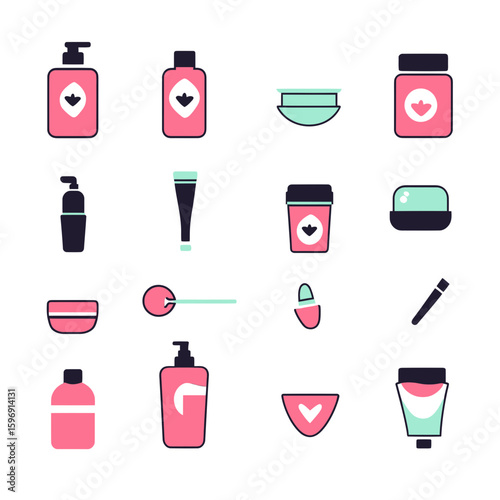 Flat minimalist vector icons set of skin care and beauty products including lotion bottles jars cream tubes applicators in pink green and black colors on white background