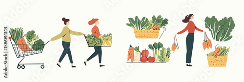 Shoppers with fresh organic vegetables in shopping trolley and basket flat minimalist vector illustration local market grocery healthy food concept