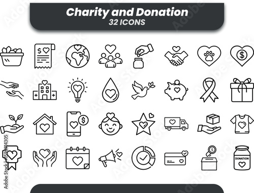 Vector art of a collection of charity and donation icons representing various acts of kindness
