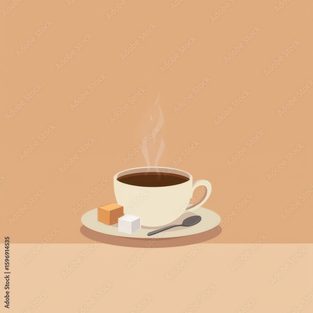 Fototapeta premium illustration cup coffee beige background cup white handle placed saucer spoon next cup small piece chocolate small cube sugar coffee steaming indicating freshly brewed overall color scheme warm