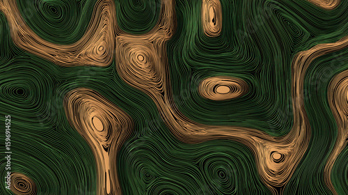 Wood texture pattern with seamless contour lines, smooth and precise design in green and brown colors, creating organic and natural abstract background effect