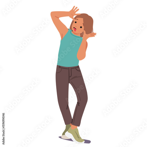 Trendy fashion preteen girl child cartoon character grimacing face feeling carefree and joyful