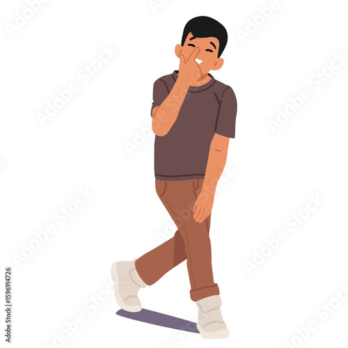 Funny comic boy child cartoon character grimacing touching nose with finger isolated on white