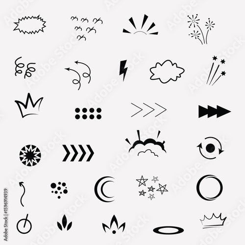 Minimal vector comic and decorative elements set. Hand drawn cartoon action effects. Comic action doodle icons set. Vector elements sampler.