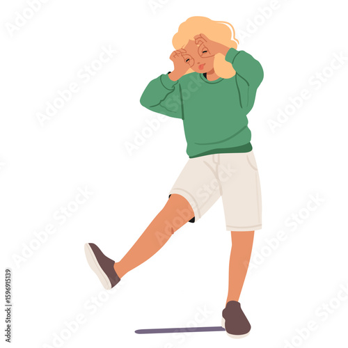 Funny girl child cartoon character grimacing looking through imaginary eyeglasses isolated on white