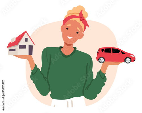 Comfort realization basic human needs vector illustration with happy woman holding house and car