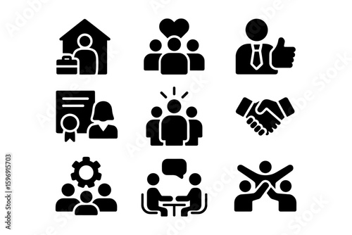 Business icons set: teamwork, communication, leadership, partnership, recognition