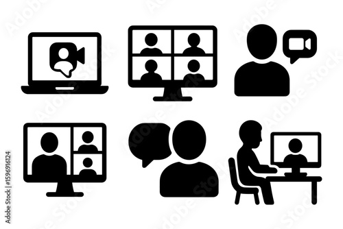 Simple black icons of video calls and online meetings on computer screens