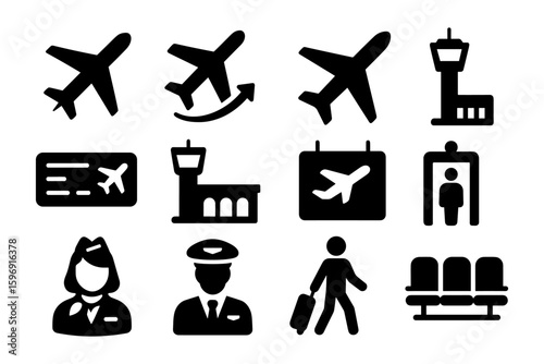 Airport icons: transportation, travel, aviation, and security elements