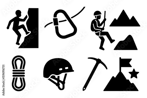 Thrilling mountain climbing adventure icons set in bold silhouette style