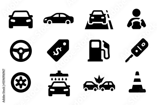 Automotive icons collection: car, road, repair, and maintenance in bold black style