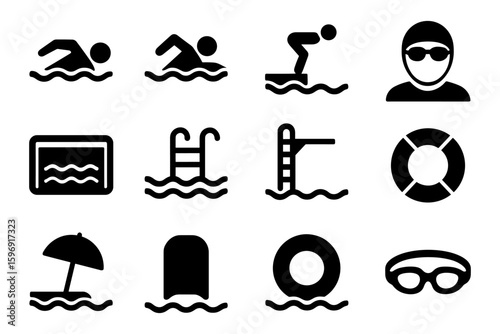 Swimming icons set: water sports, pool activities, and safety symbols in bold silhouette style