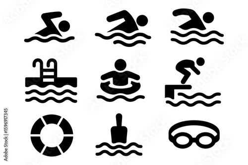 Set of swimming icons: black silhouettes for pools and beach activities