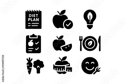 Healthy eating icons: balanced diet, nutrition tips, and fitness