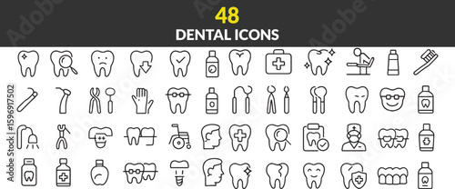 Collection of Dental Icons Line Art Depicting Dentistry Related Objects Procedures and Healthcare with Orthodontics and Tooth Anatomy