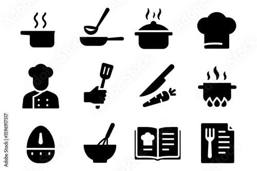 Cooking icons set: chef, utensils, and kitchen tools in bold black silhouette