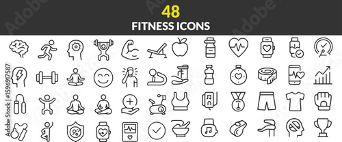 Collection of Fitness Icons Representing Various Aspects of Health and Exercise Related Activities Depicted in Black and White Outlines