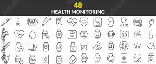 Collection of Health Monitoring Icons Depicting Medical Devices and Wearable Technology for Personal Wellness Tracking and Healthcare