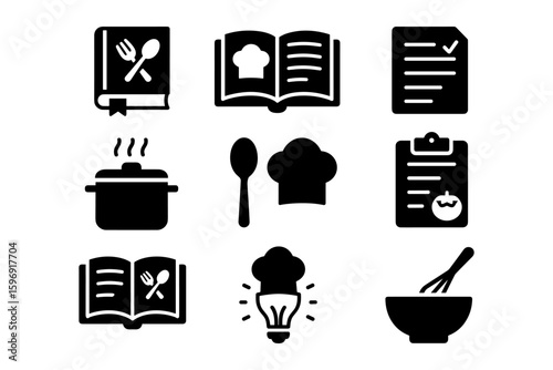 Culinary icons set: cooking, recipes, and kitchen tools in bold silhouette style
