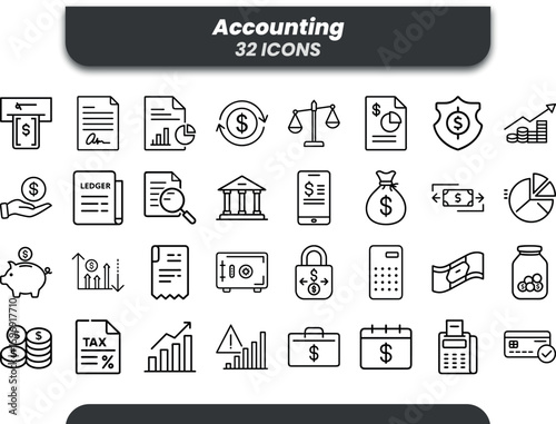 Vector art of accounting icons representing financial concepts isolated on white background