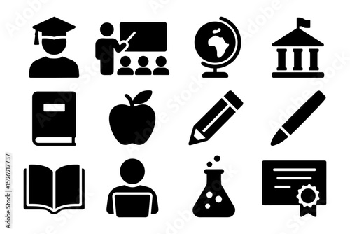 Education icons: black silhouette collection for learning themes